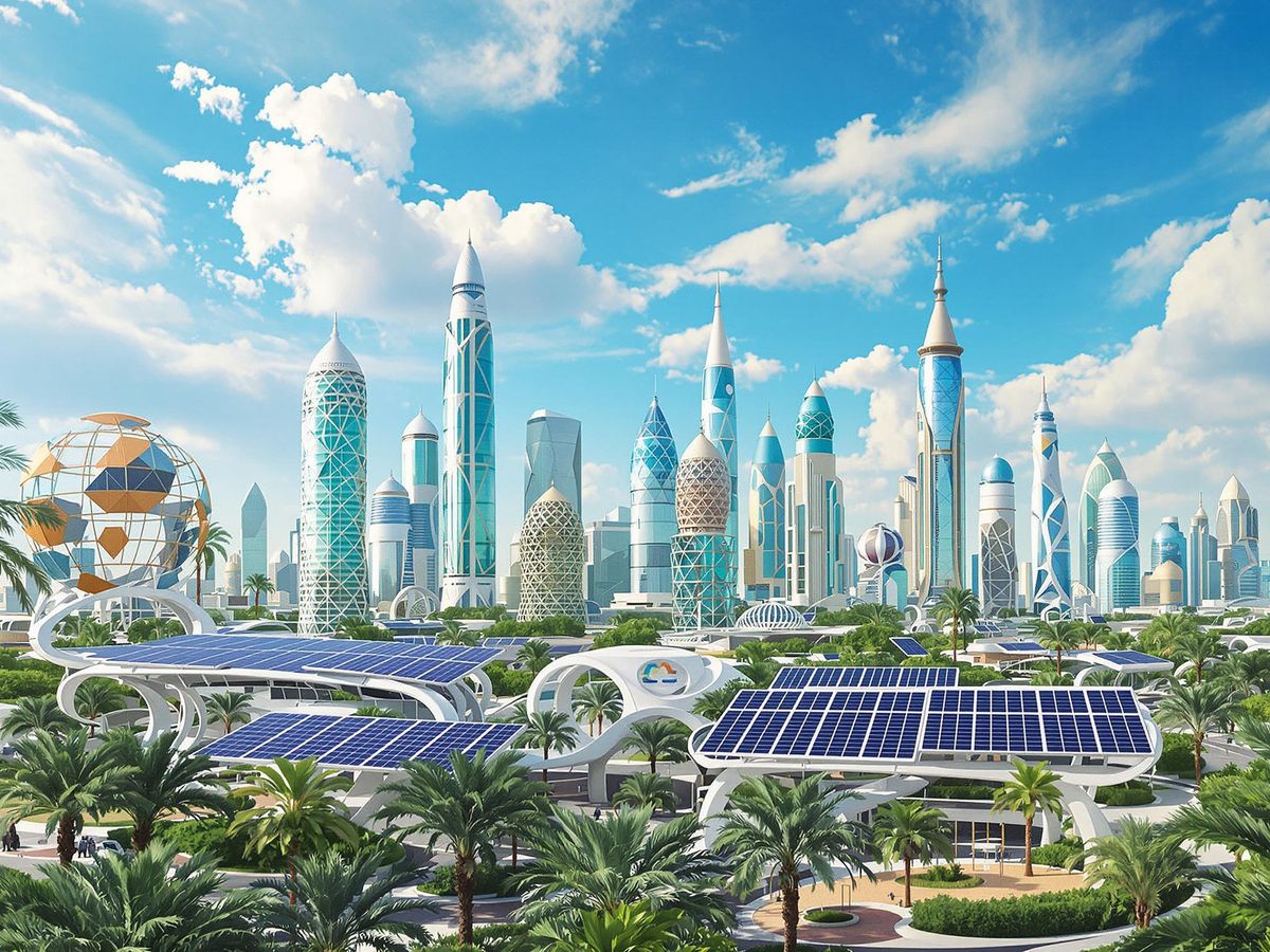 Futuristic saudi skyline with green technology and palm trees.