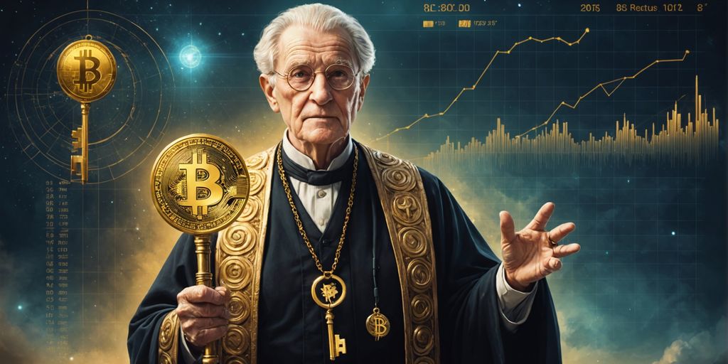 Elderly person holding a golden key with bitcoin symbol, digital financial chart in the background.