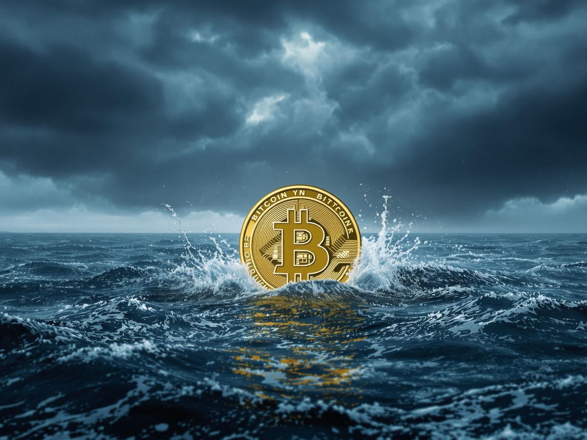 A bitcoin coin in a turbulent ocean under stormy skies.