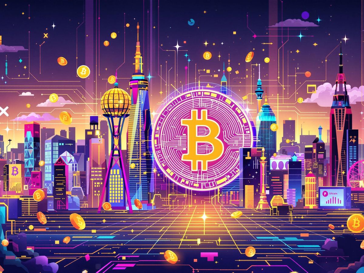 Glowing bitcoin logo with futuristic skyline backdrop.